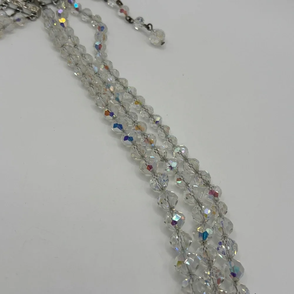Vintage Aurora Borealis AB Crystal Glass Bead Multi 3 Strand Necklace